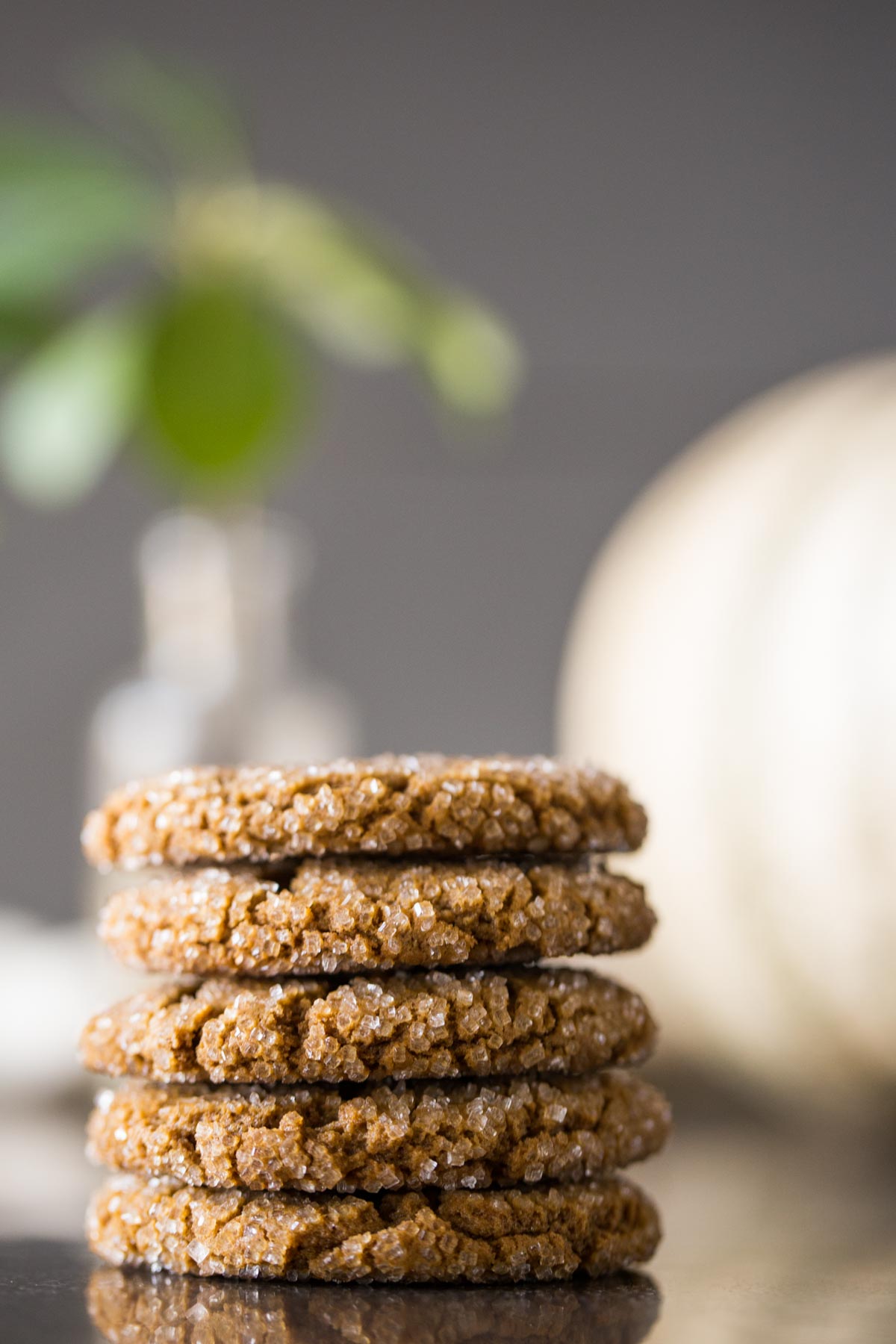 Five Peanut Butter Molasses Cookies stacked on top of each other. 