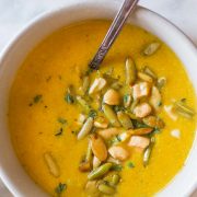I've just found my cozy fall lunch sweet spot!  Creamy Cashew Pumpkin Soup, you are ALL THE THINGS I love about soup in one bowl!