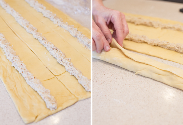 Two step by step pictures for the Buttery Almond Bear Claws - the first showing the almond paste filling in the middle of each rectangle, and the second showing the sides of the dough being folded over the filling. 