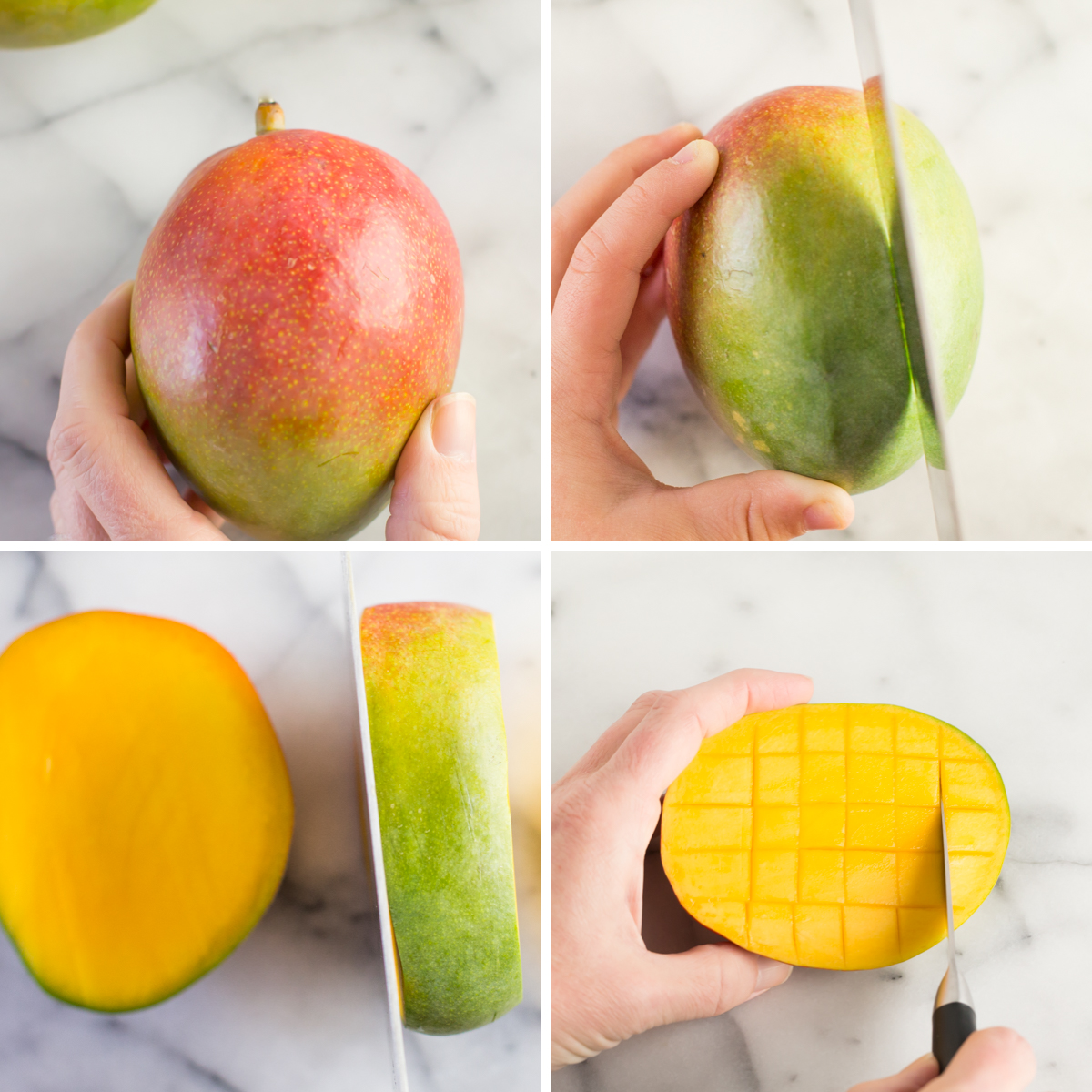 Four step by step pictures showing how to cut a mango. 