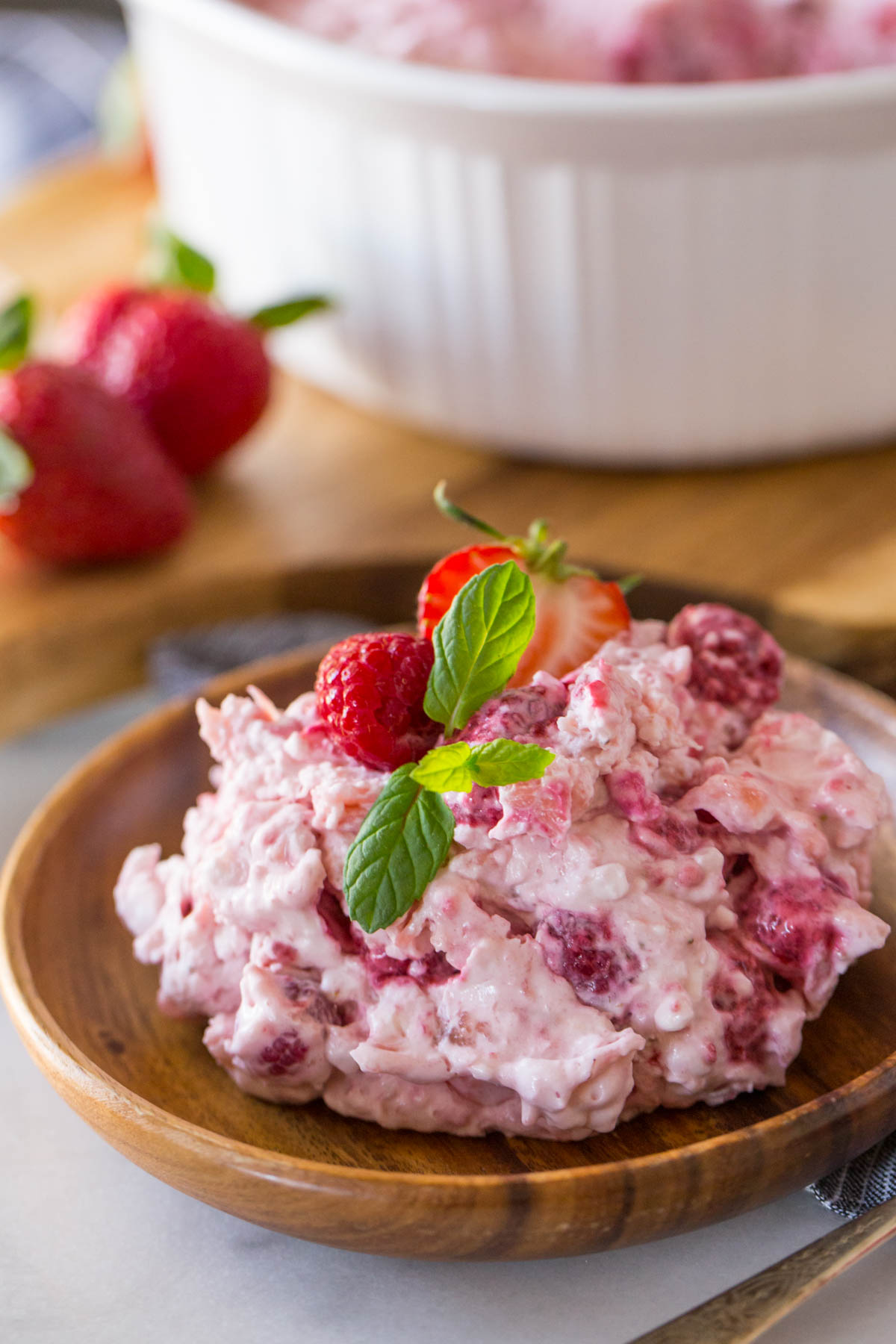 Fluffy pink salad dished out in a bowl. 