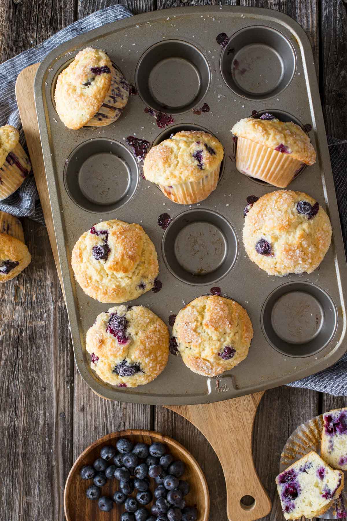 Best Ever Buttermilk Blueberry Muffins in a muffin pan.