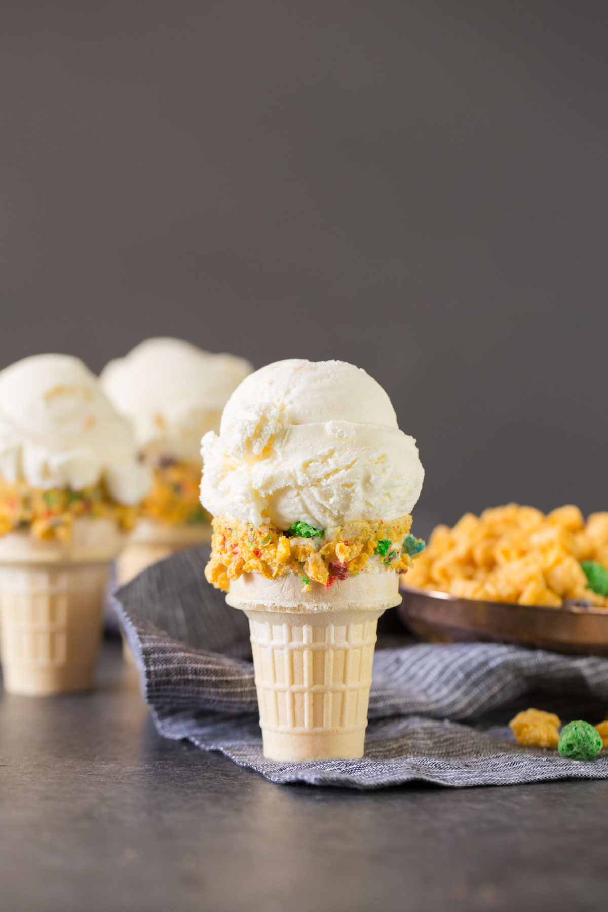 Homemade Cereal Milk Ice Cream in a cone. 