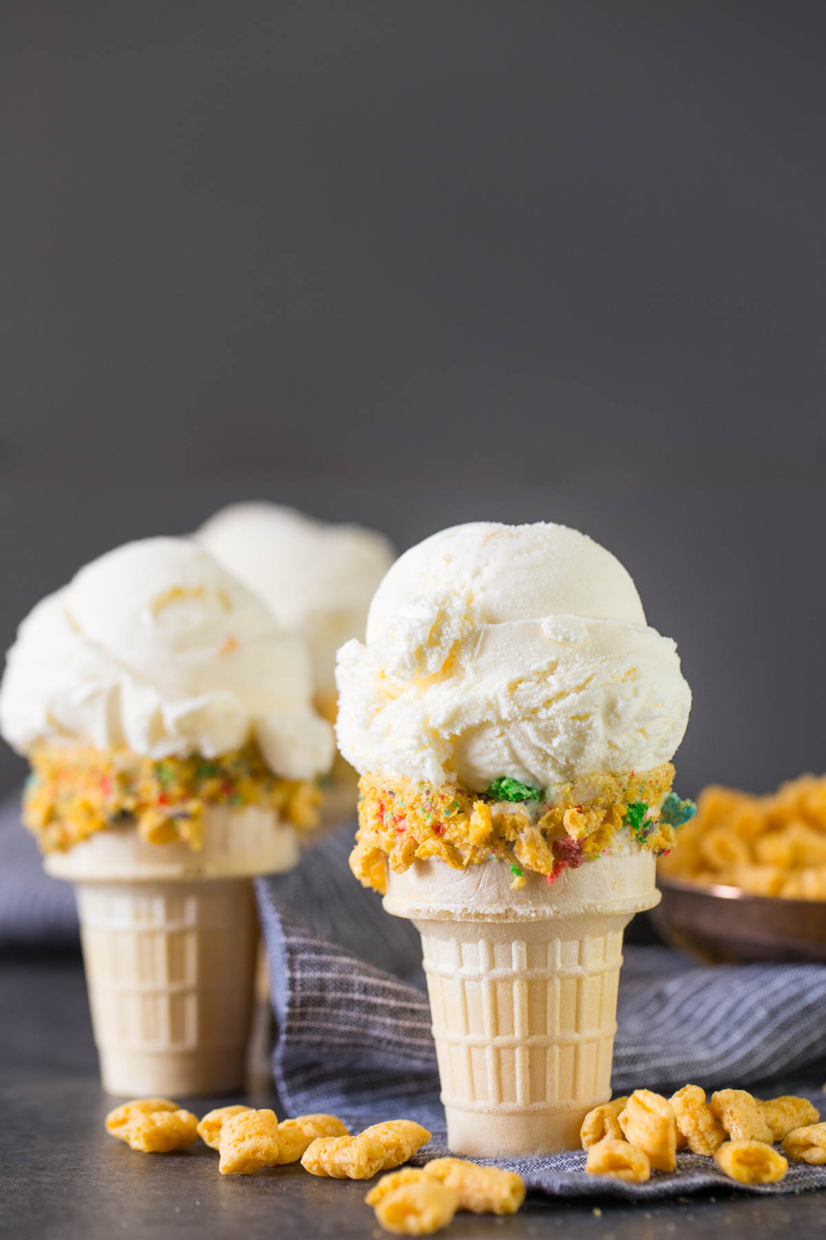 Homemade Cereal Milk Ice Cream in a cone. 