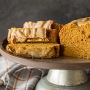 Slices of Easy Pumpkin Bread on a metal cake stand.