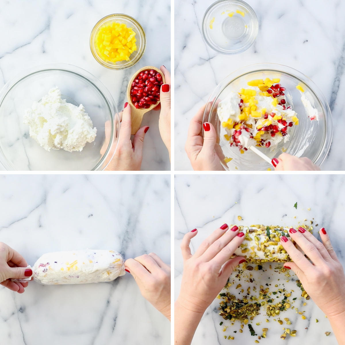 Step by step tutorial for making a Pistachio Crusted Mango Cheese Log.