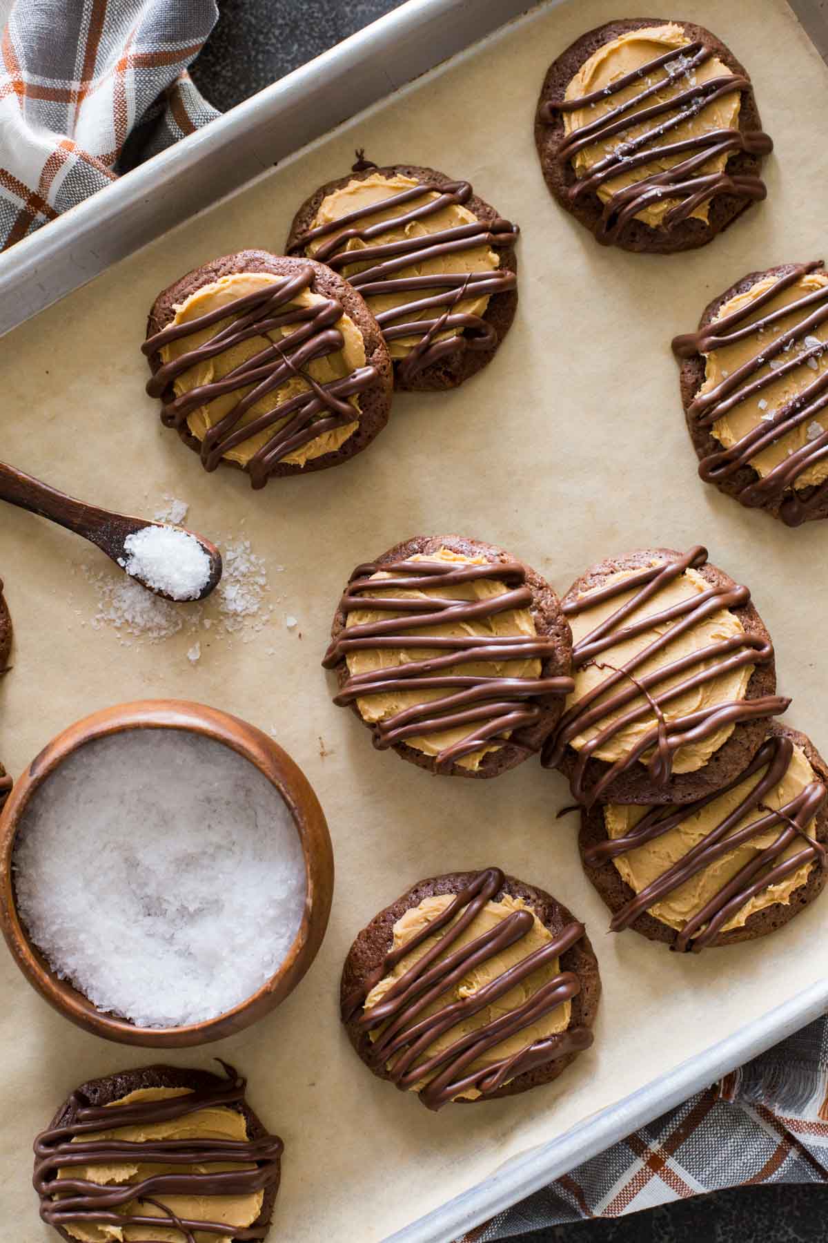 Peanut Butter Buckeye Brownie Cookies on a baking sheet. 