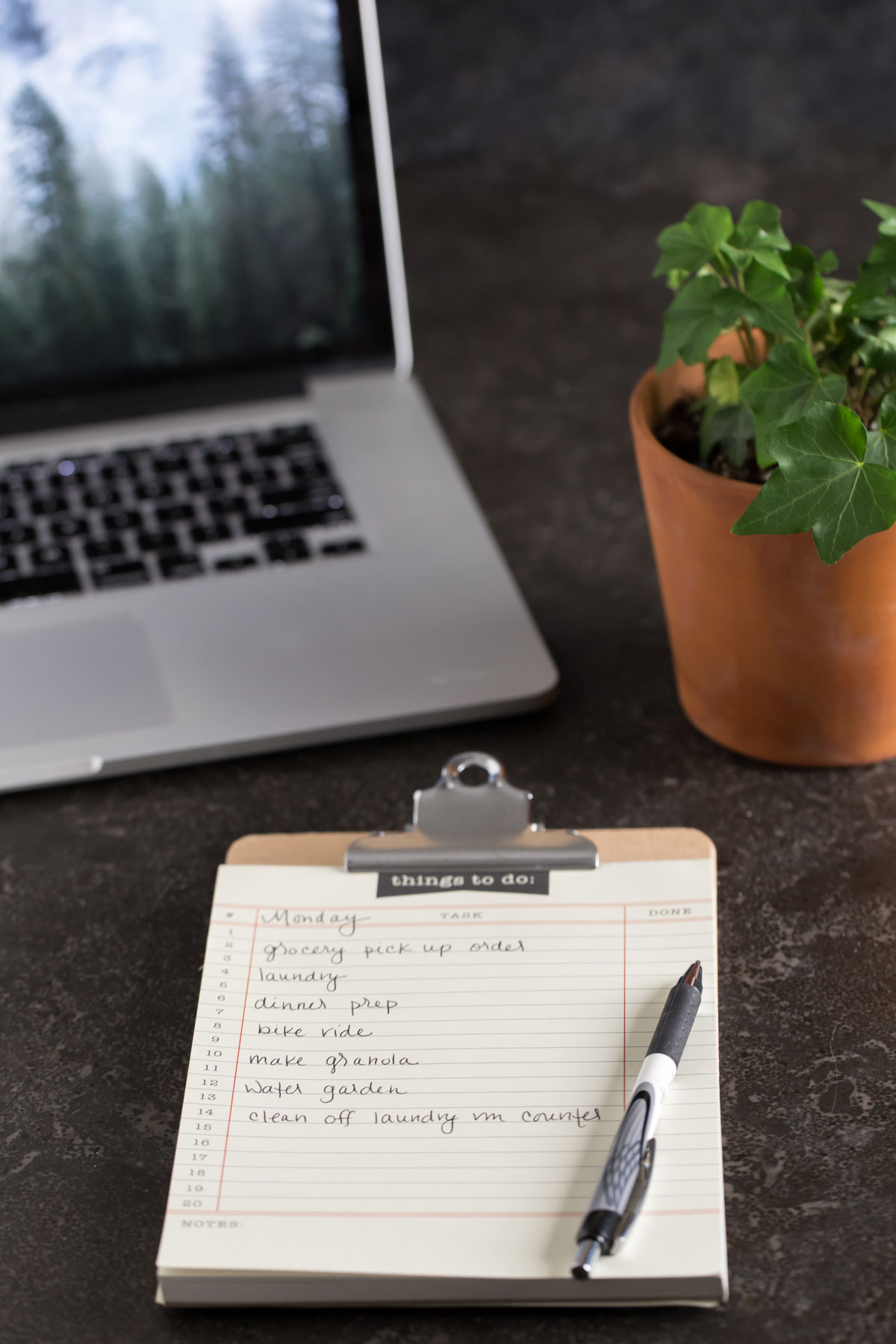 Image of a to-do list clipboard with a houseplant and laptop screen in the background. 