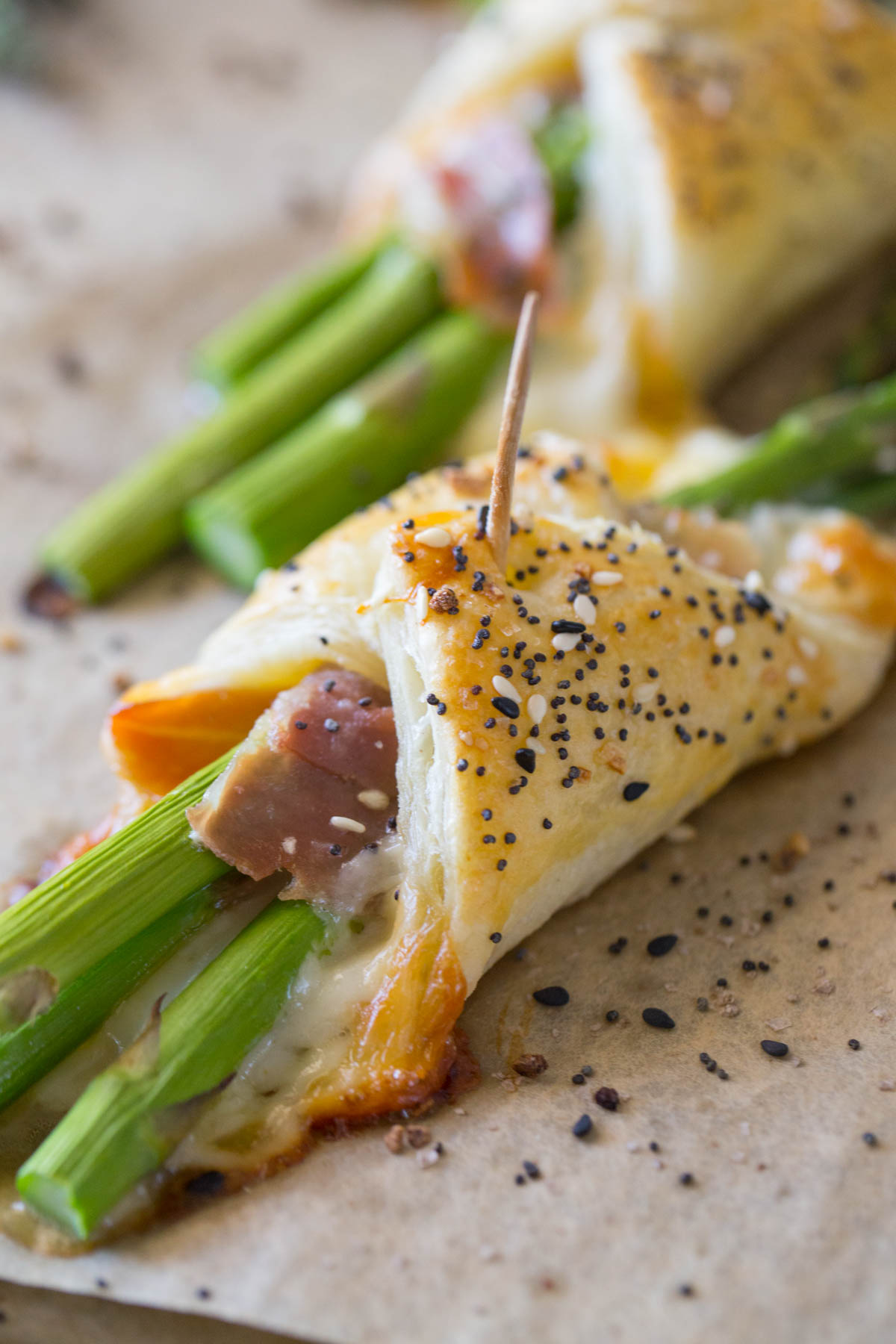 Close up of cooked Puff Pastry Asparagus Bundles. 