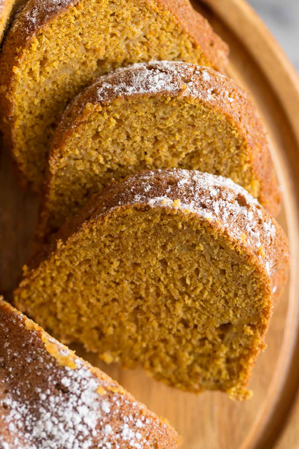 Close up of slices of Apple Pumpkin cake to show moist, tender crumb. 