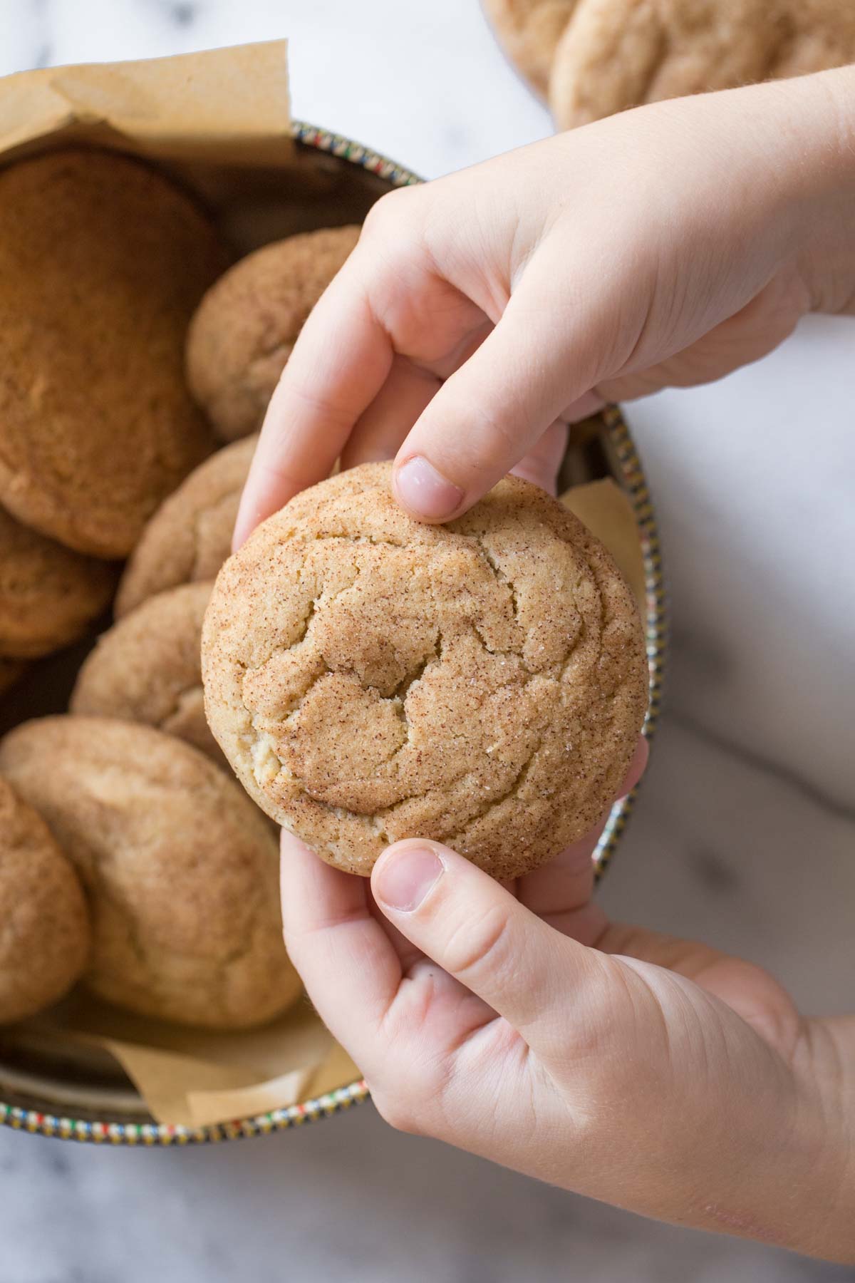 A child's hand holding a Super Soft Snickerdoodle. 