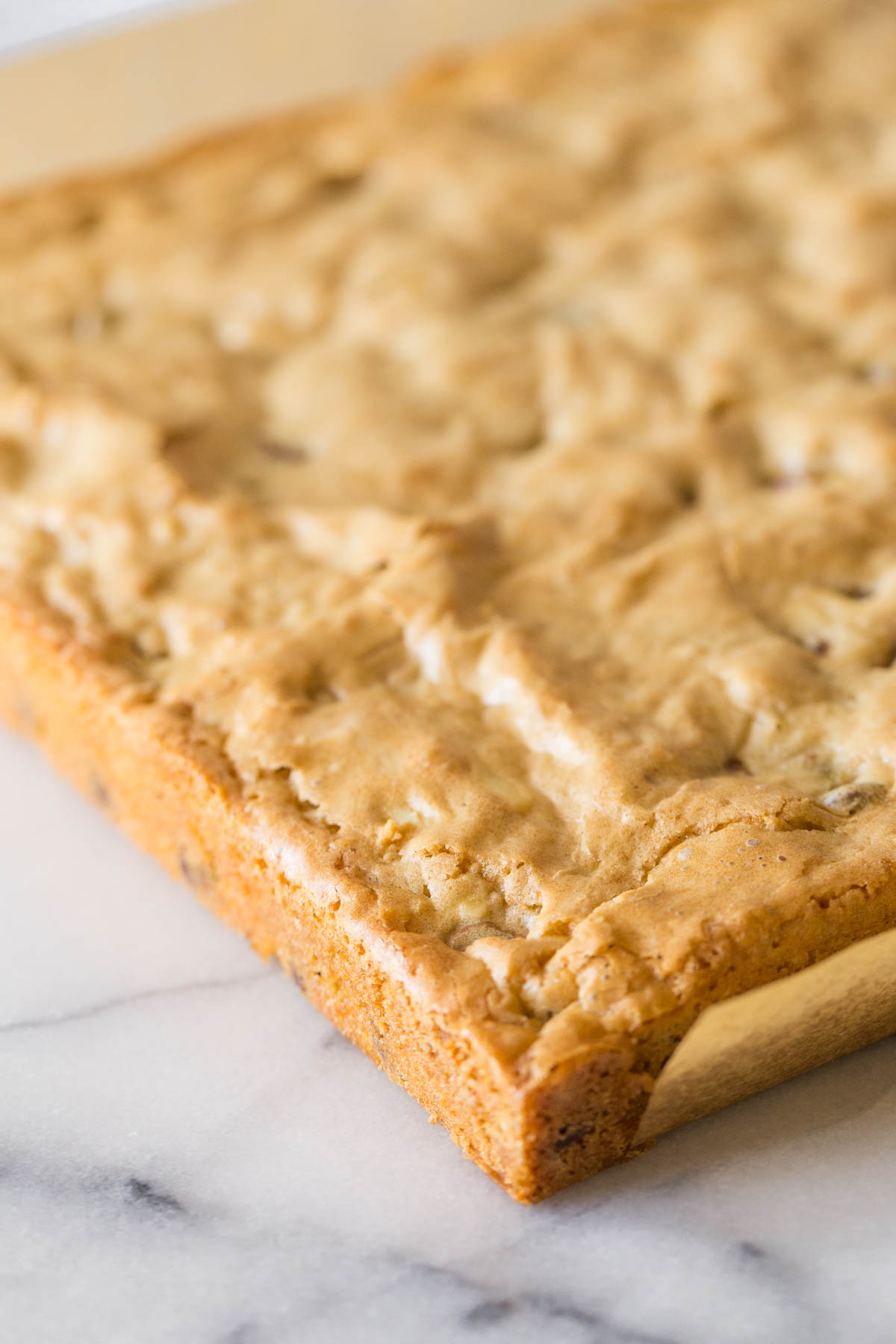 Uncut close up shot of Easy One Bowl Blondies. 