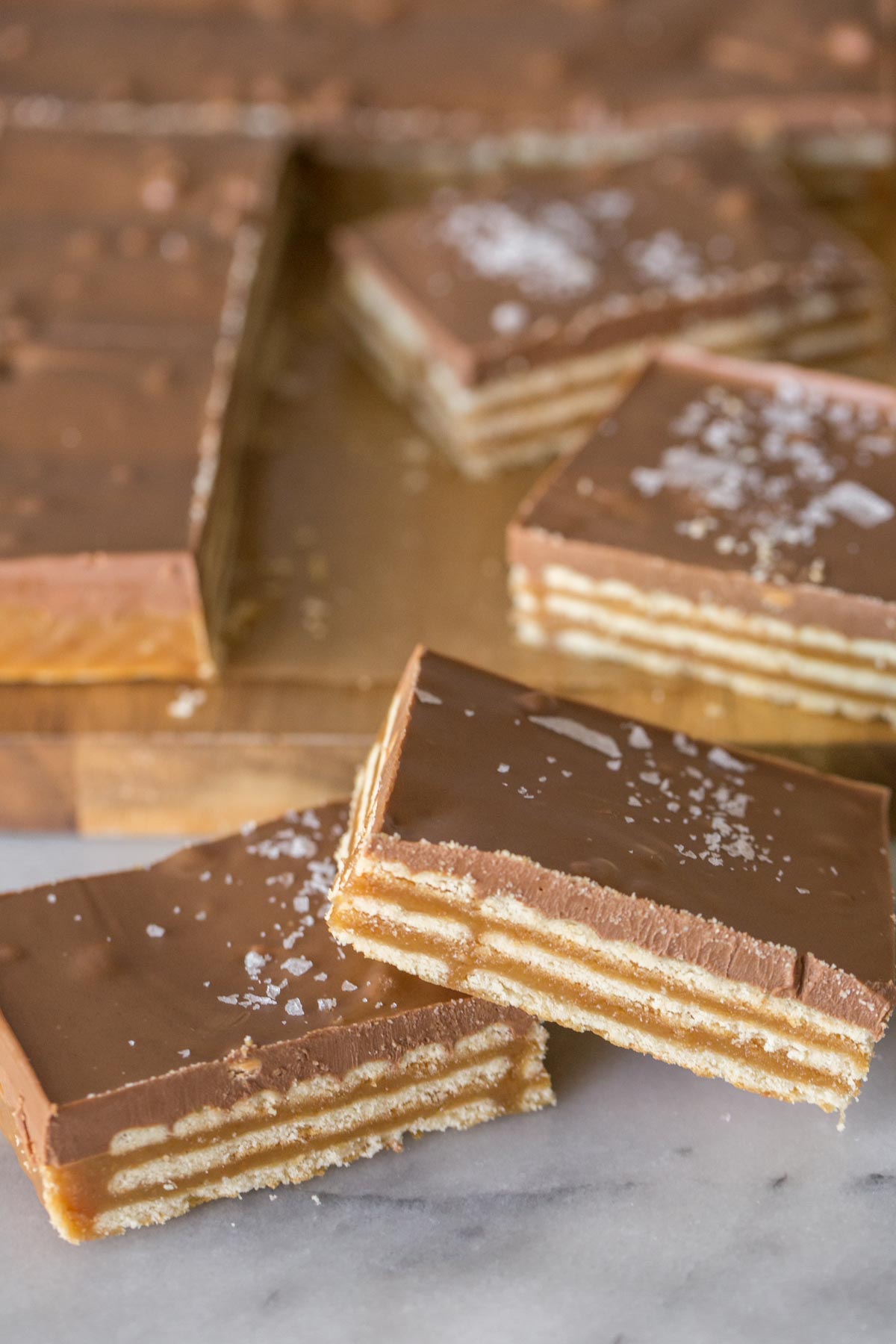 Close up view of caramel, cracker, and chocolate layer of Salt River Bars. 