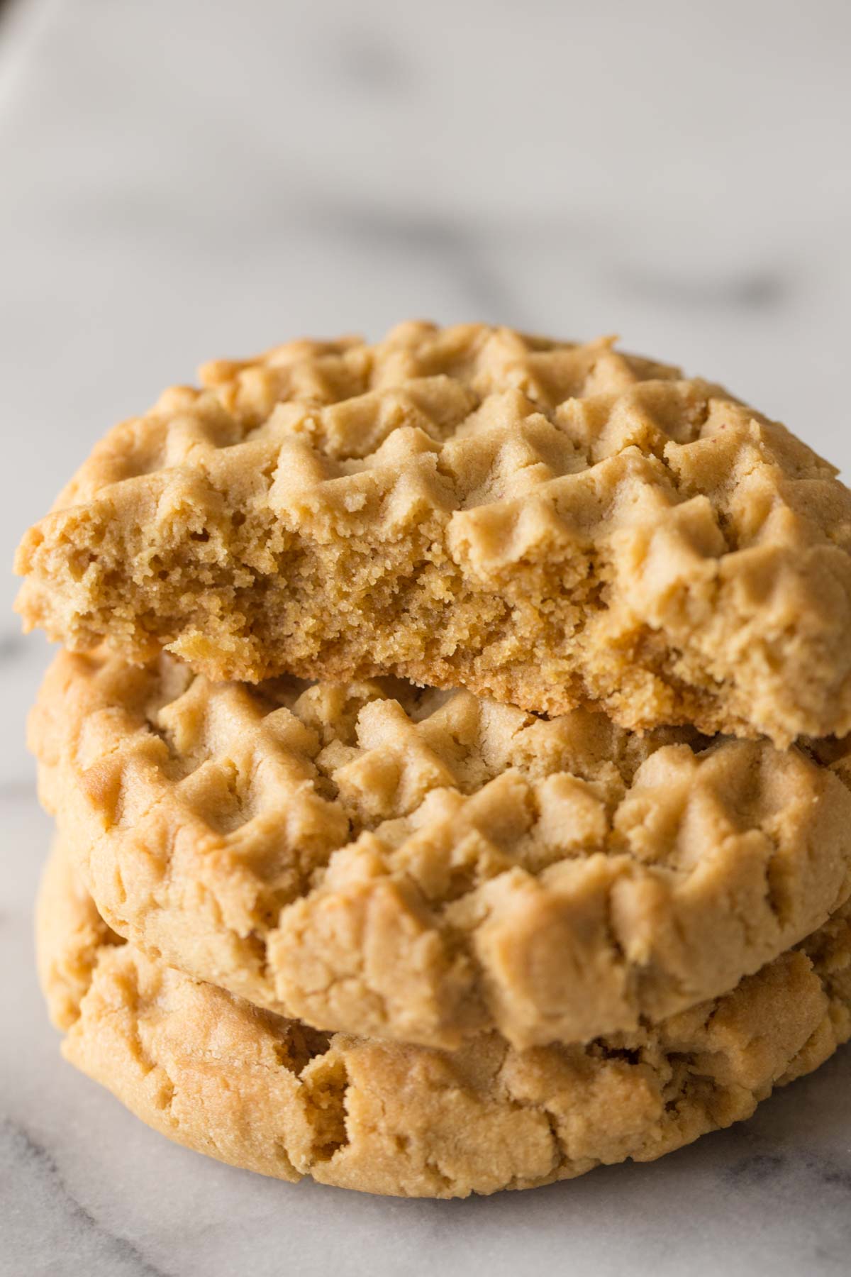 A close up view of the inside texture of a Soft and Chewy Peanut Butter Cookie. 