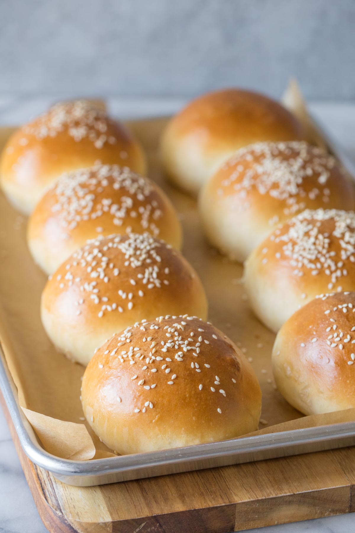 Sourdough Hamburger Buns on a parchment paper lined baking sheet.