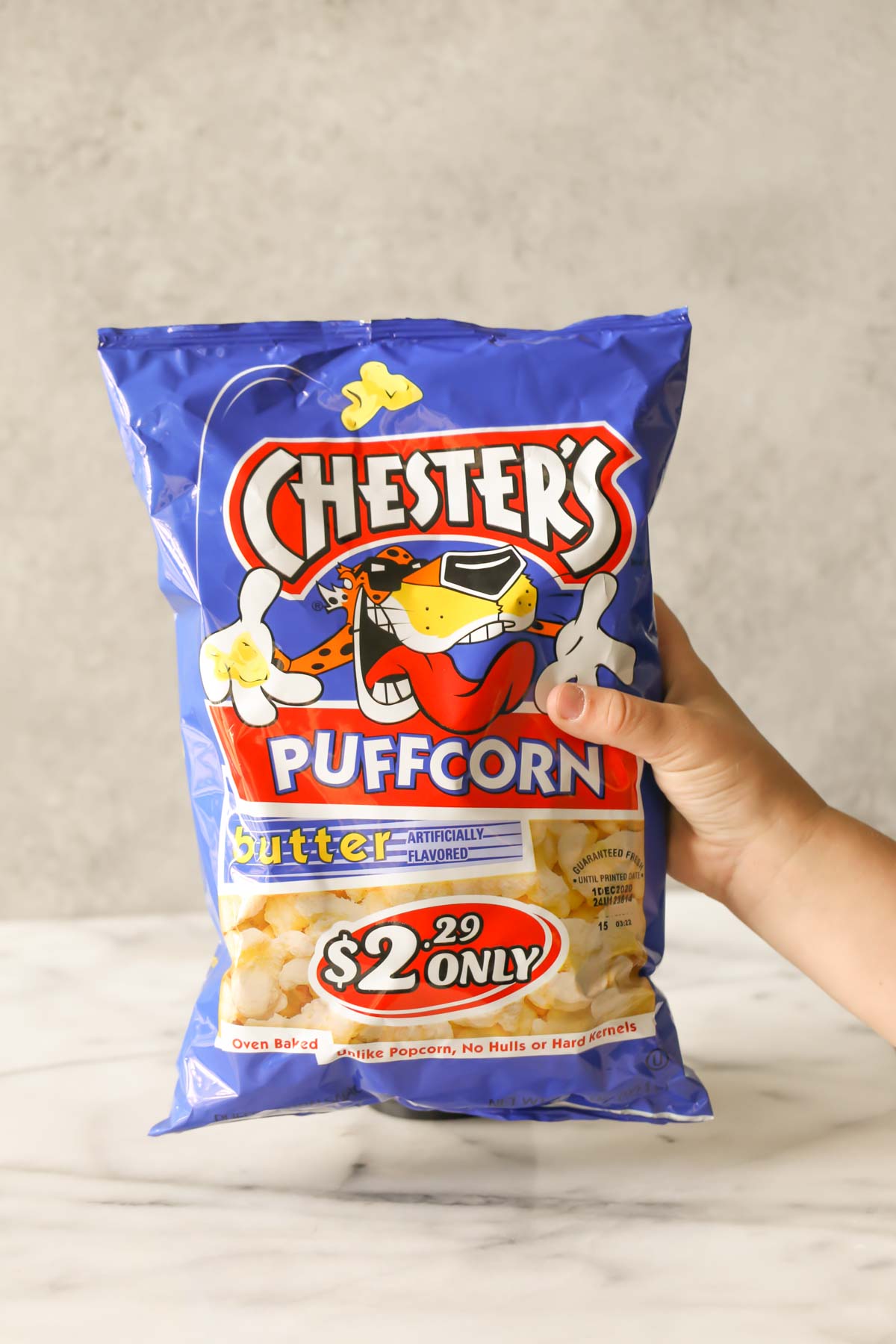 A bag of Chester's Puffcorn butter flavored - used in the Caramel Puff Corn recipe.  