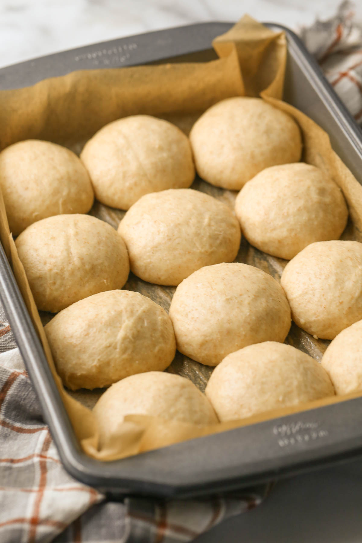 A baking dish lined with parchment paper with the dough balls for Overnight Honey Wheat Rolls after they have risen.  