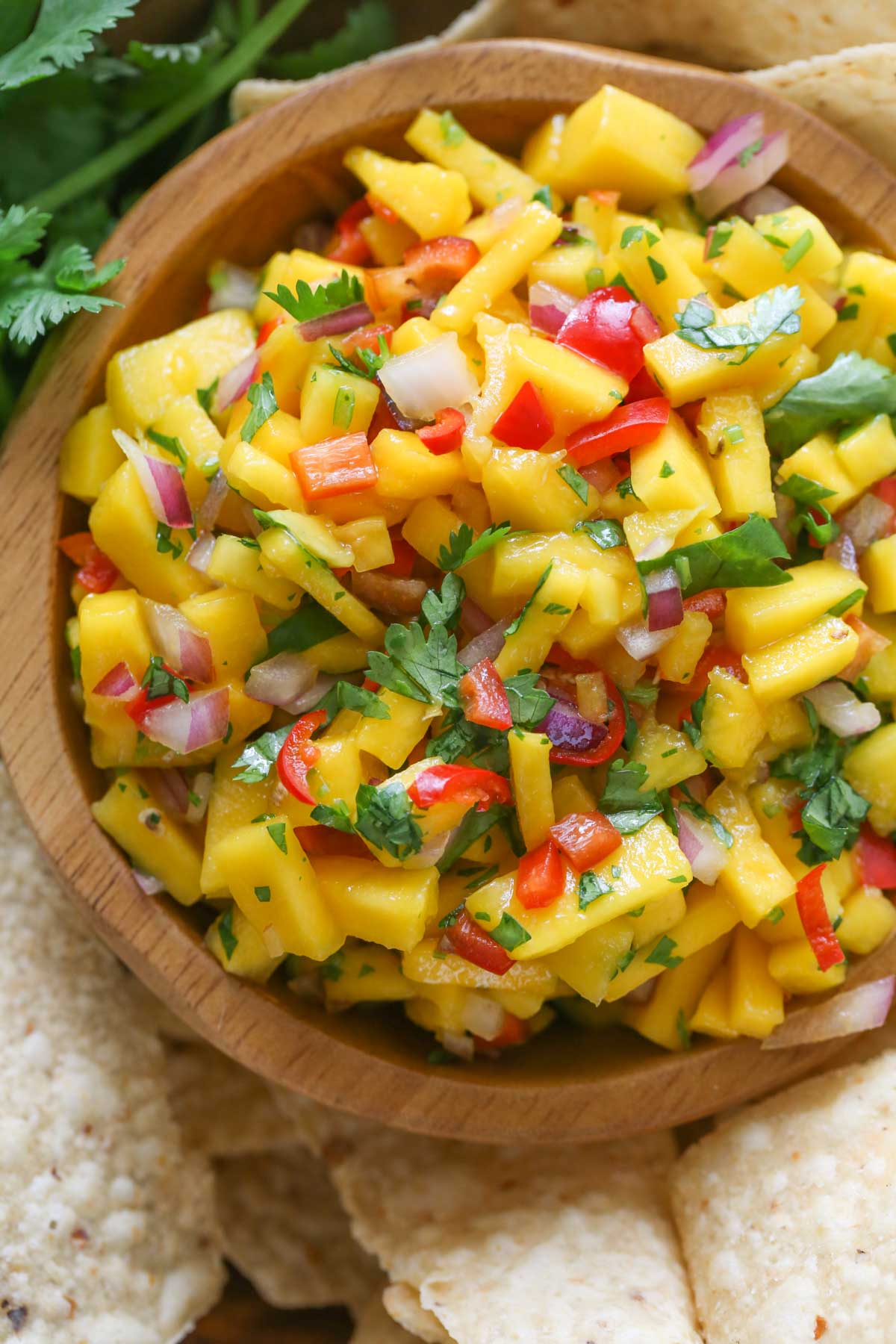 Close up shot of Mango Lime Salsa in a wood bowl with chips and cilantro around it. 