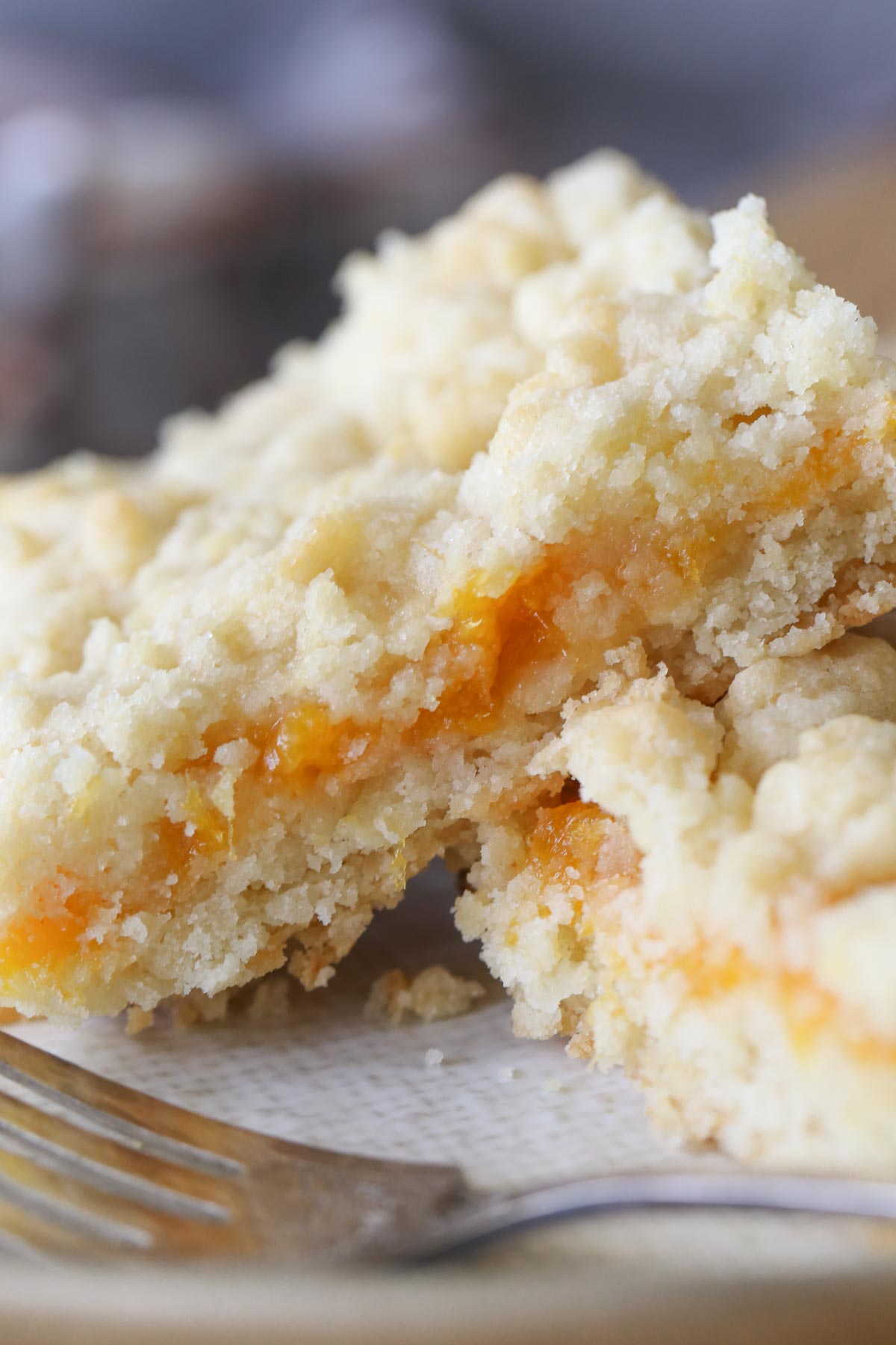 Close up shot of two Peach Crumb Bar squares on a plate with a fork. 