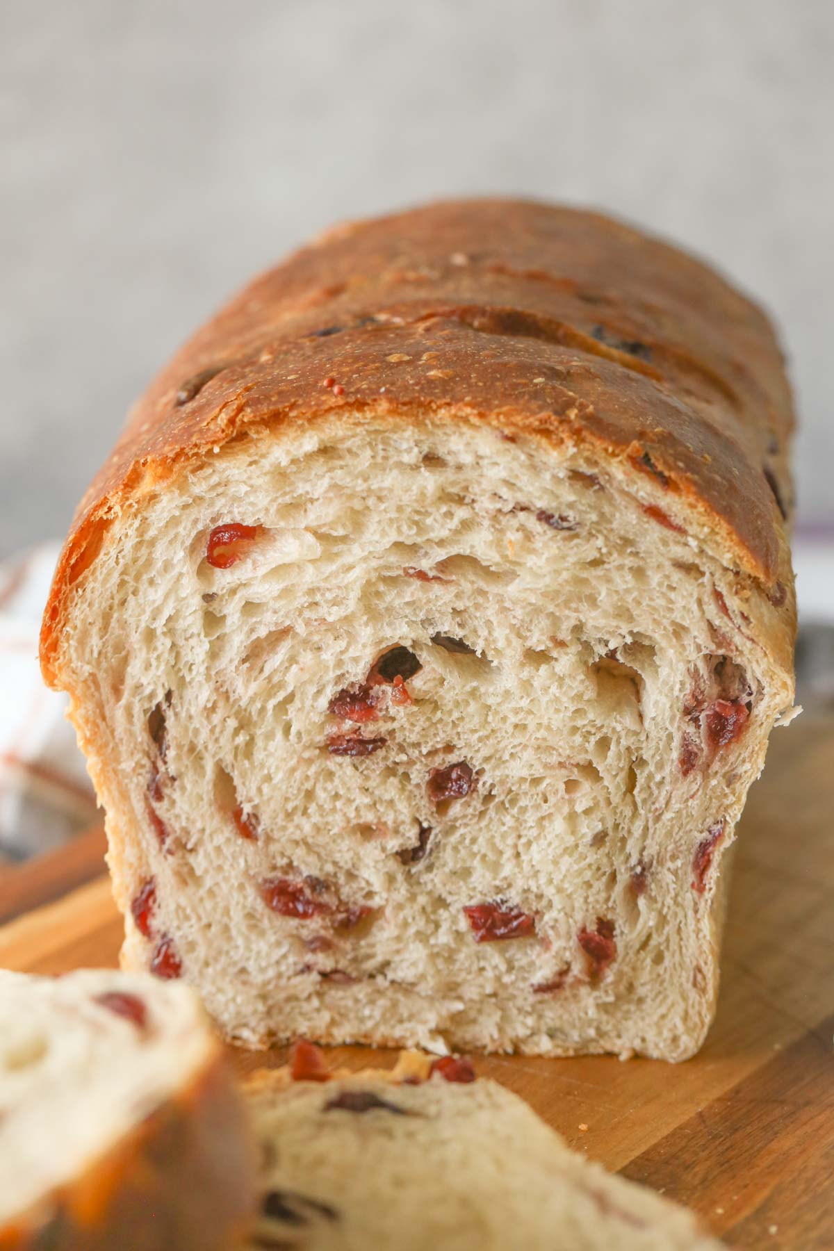 Close up shot of a loaf of Sourdough Cranberry Bread that has been sliced, showing the inside texture of the loaf.  