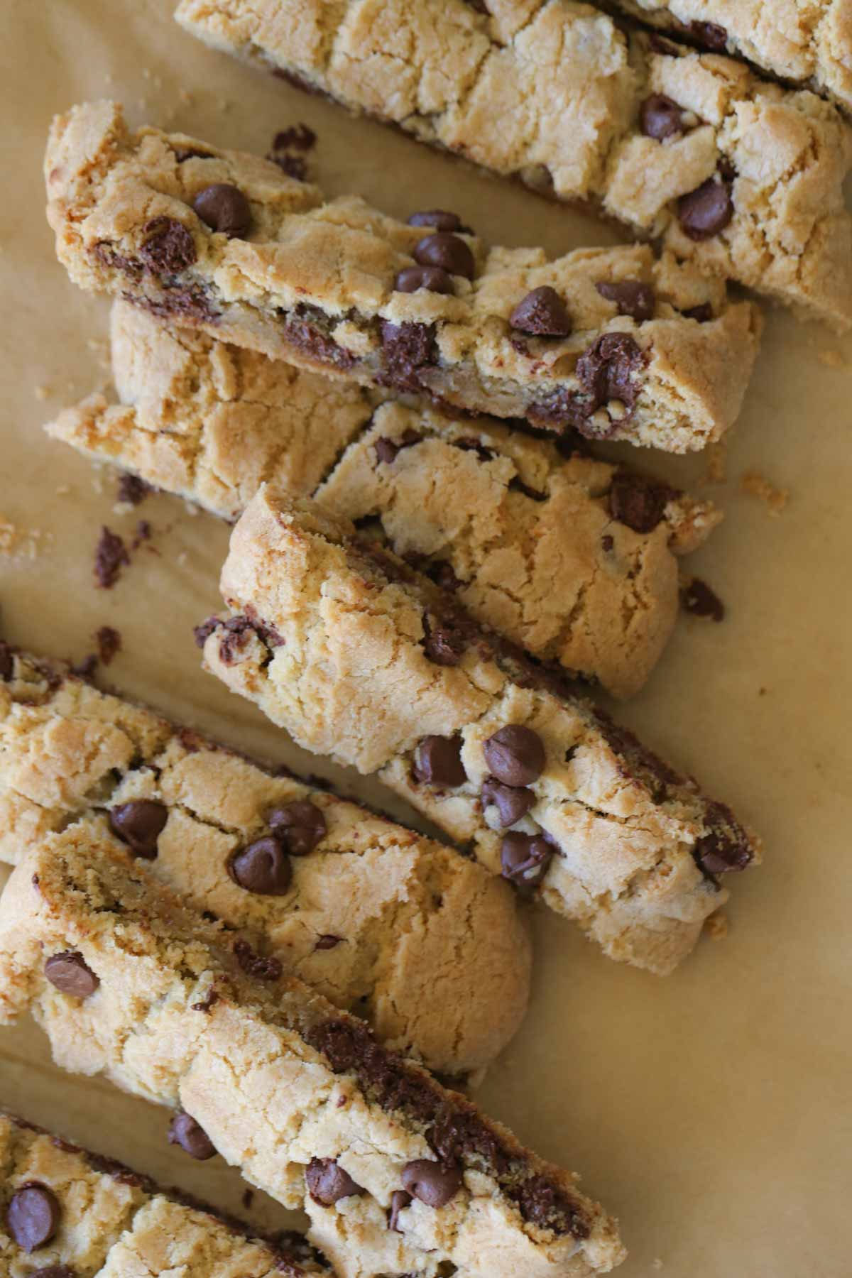 Close up overhead shot of Chocolate Chip Cookie Sticks on parchment paper. 